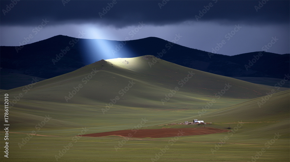Fototapeta premium darkness. Beam of sunlight breaking through dark storm clouds, illuminating the ground. travel magazines, destination branding, designed for outdoor magazines and nature guides.