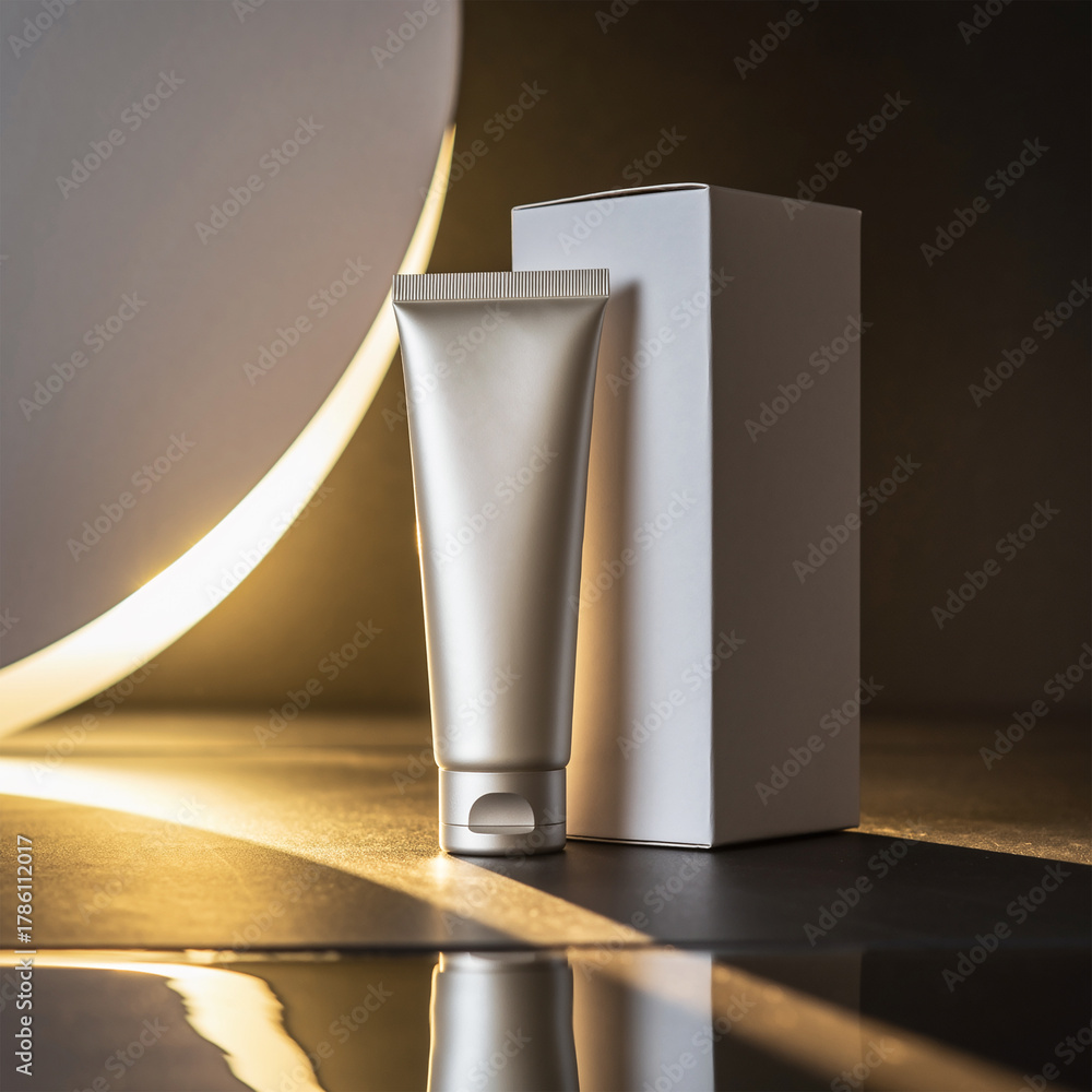 Obraz premium Silver Cosmetic Tube and Paper Box Mockup with Cinematic Halo Light