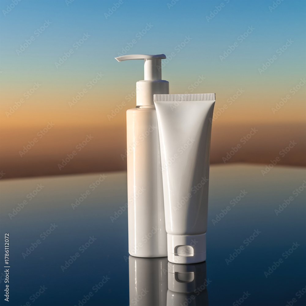 Obraz premium Cosmetic Pump Bottle and Tube Mockup on Soft Sunset Gradient Background