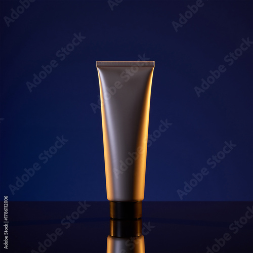 Minimalist Cosmetic Cream Tube Mockup with Blue and Golden Light Contrast © image@9