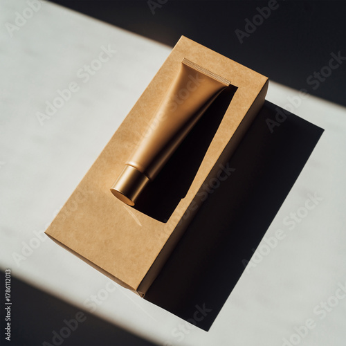 Sunlit Golden Cosmetic Tube Mockup in Open Kraft Cardboard Box © image@9