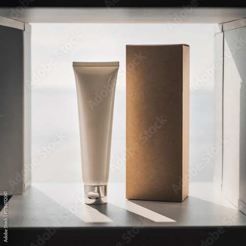 Cosmetic Tube and Paper Box Mockup in Minimalist White Recess Niche © image@9