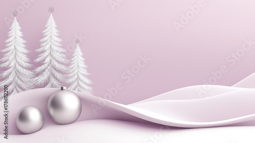 Abstract winter landscape with purple background and silver ornaments  