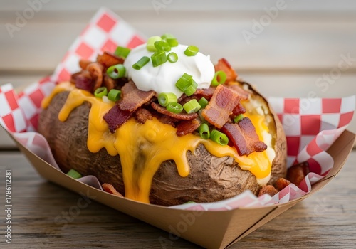 Delicious Loaded Baked Potato Topped with Melted Cheddar Cheese, Crispy Bacon, Sour Cream, and Green Onions in a Takeout Tray