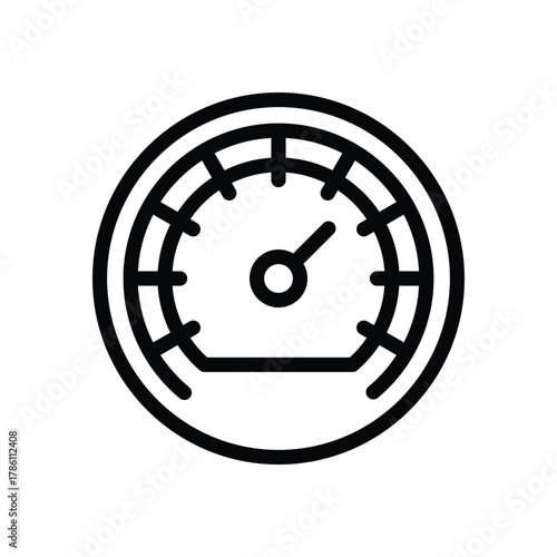 Black outline of a speedometergauge with a needle pointing up and to the right enclosed in a circular frame