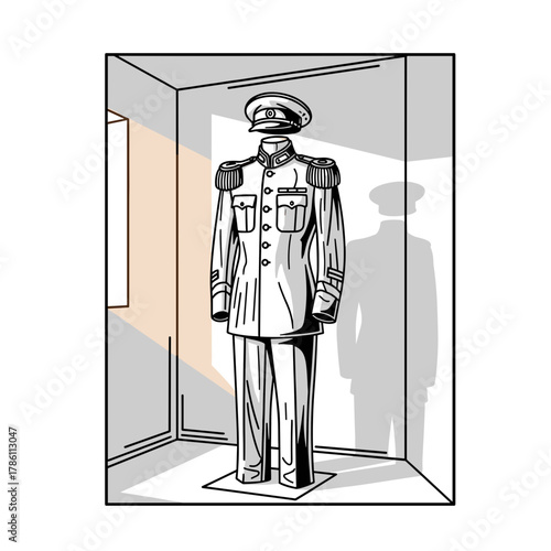Military uniform displayed on mannequin in historical museum setting  