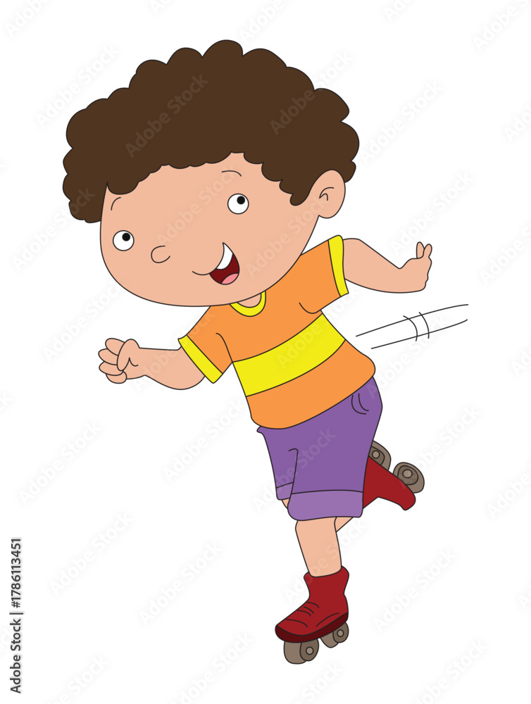 Fototapeta premium Cute boy roller skating on white background