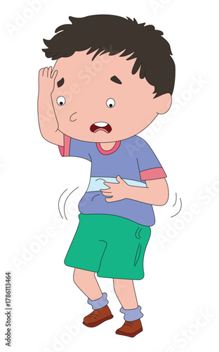 The boy stands and cries