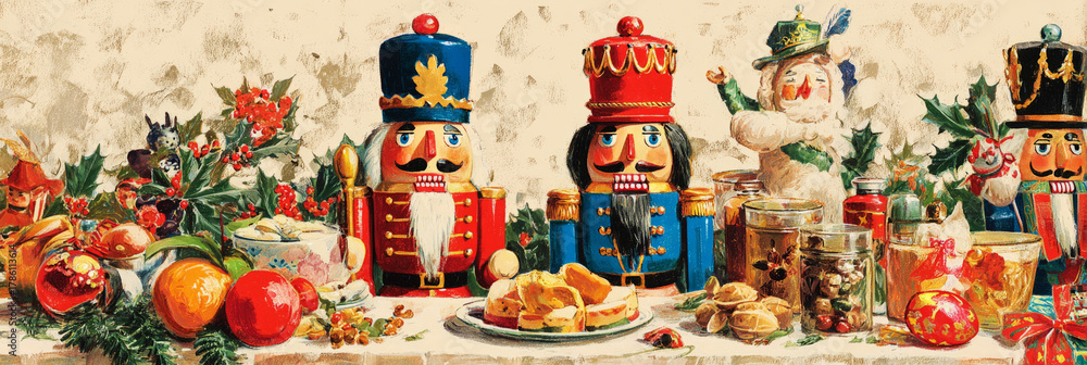 Fototapeta premium Colorful nutcrackers stand guard on a festive table adorned with bright oranges, ornaments, and holiday decor, capturing the spirit of retro Christmas celebrations, banner