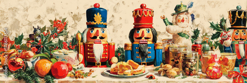 Colorful nutcrackers stand guard on a festive table adorned with bright oranges, ornaments, and holiday decor, capturing the spirit of retro Christmas celebrations, banner
