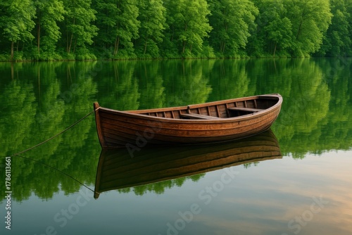 A solitary wooden rowboat adrift on serene lake waters mirroring lush forest scenery