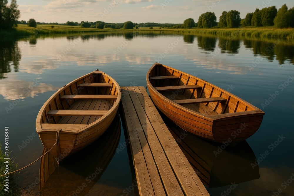Naklejka premium Two wooden rowboats resting beside a tranquil lake with forest surroundings