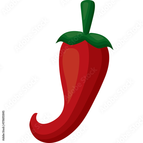A Single Red Chili Pepper With a Green Stem and Leaves on a Transparent Background Detailed Illustration
