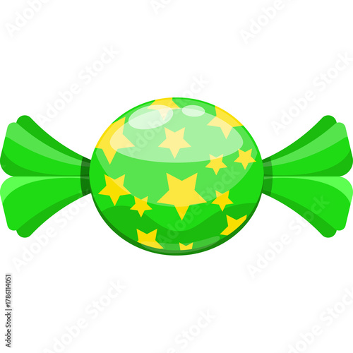 A single green hard candy wrapped in bright green paper adorned with yellow stars on a transparent background