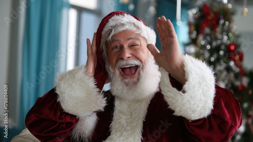 Close-up: Santa Claus laughs happily, holding his hands to his head. The embodiment of Christmas and New Year, a vibrant shot.