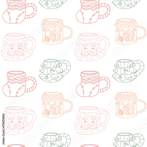 Outline pattern of Christmas mugs with cute characters. Santa Claus, Christmas tree, gingerbread house, gift sack mugs with handle. Seamless texture for festive New Year themes, textile, seasonal