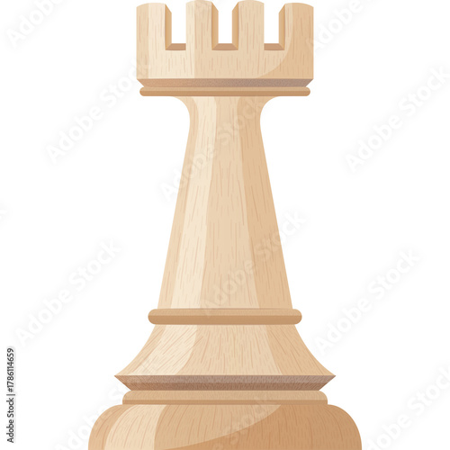 A single light brown wooden chess rook piece isolated on a transparent background detailed with wood grain texture and a crenellated top representing strategic board games and intellectual challenge