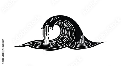 Stylized black wave crashing with white accents on a clean background, evoking power and motion