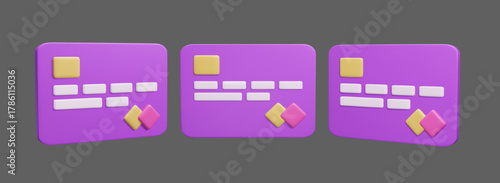 Plastic credit card from 3 different angles 3D vector render. Secure online payment, e-commerce, business bank cards isolated on dark background. Contactless payment for online shopping.