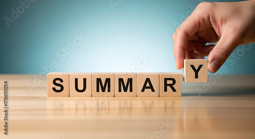 Summary Business Education Concept Hand Placing Wooden Blocks Copy Space