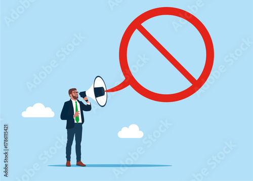 Hand with speaker and red prohibition sign symbolizing censorship. Freedom of speech. Vector flat illustration