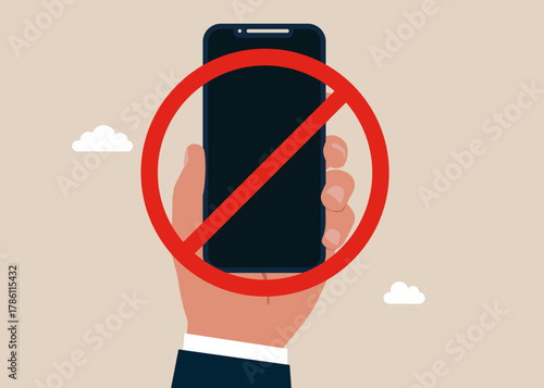 Business person showing red no sign on mobile phone with red prohibition sign. Taking a photo not allow, sign. Vector flat illustration