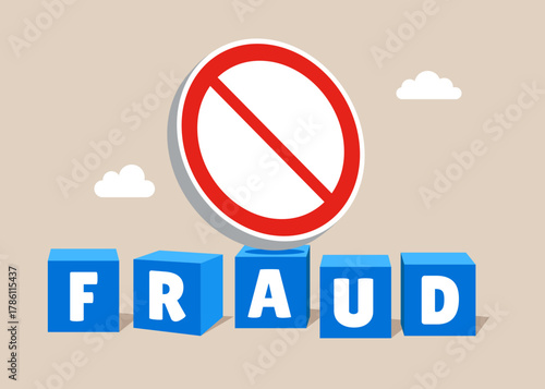 Stop fraud. Protection against fraudsters. The fight corruption, financial pyramids. Freedom of speech. Lies, fraud or fake, business cheating. Vector flat illustration