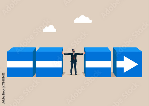 Businessman divides the arrow blocks into two parts. Stop financing. Interruption of the process. Decision to change. Vector flat illustration