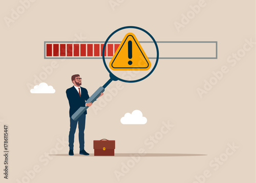 Businessman with magnifying glass with warning sign on progress bar. Detecting issues, troubleshooting errors. Loading. Search. Vector flat illustration