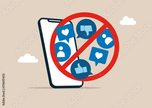 No social media communication with mobile phone.  Stop social media positive and negative feedback. Stay away from social media. Flat vector illustration.