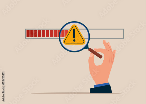 Hand with magnifying glass with warning sign on progress bar. Detecting issues, troubleshooting errors. Loading. Search. Vector flat illustration