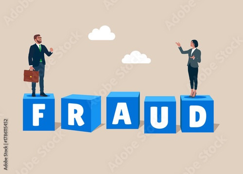 Business scams. Fraud word on blue blocks. The fight corruption, financial pyramids. Freedom of speech. Lies, fraud or fake, business cheating. Vector flat illustration