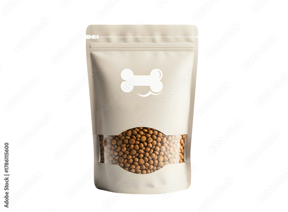 Fototapeta White stand up pouch with clear window filled with dog food isolated on transparent background