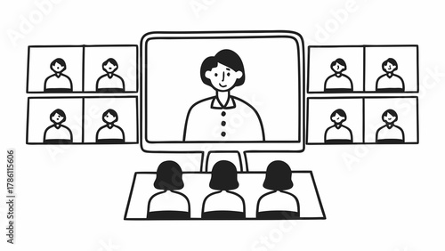 Diverse group of people participating in a virtual meeting or online conference call on a computer screen