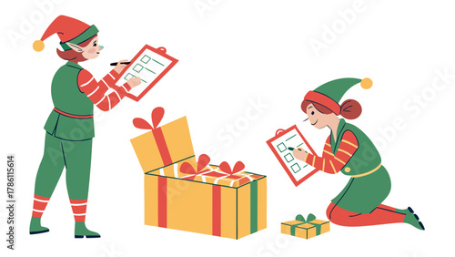 Two cheerful cartoon elves meticulously checking and organizing christmas gifts on clipboards surrounded by presents