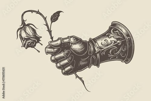Unique hand-drawn vector of a knight’s armored hand holding a rose, symbolizing power and romance, ideal for tattoo design or fantasy art.