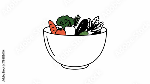 A simple hand drawn illustration of a white bowl filled with fresh colorful vegetables on a white background