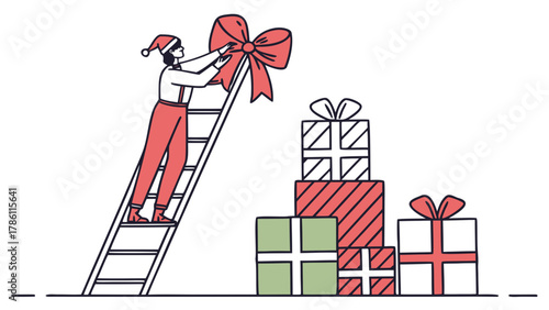 Person in santa hat on ladder decorating a giant red bow on top of stacked christmas presents
