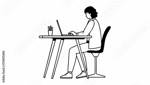 Minimalist line art illustration of a person sitting at a desk and working on a laptop computer in a modern office setting