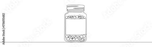 Continuous one line drawing of a pill bottle with pills inside. Concept of medicine, pharmacy and healthcare