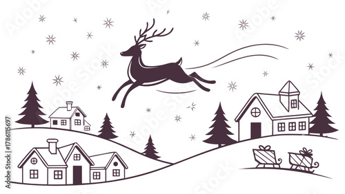 Whimsical illustration of a leaping reindeer flying over a snowy village with houses pine trees and falling snowflakes