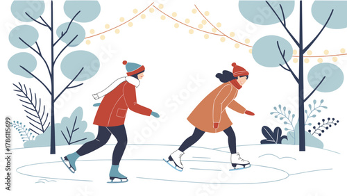 Two friends enjoying a winter day ice skating outdoors on a frozen pond under festive string lights and bare trees