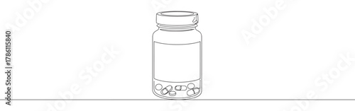 Continuous one line drawing of a pill bottle with pills inside. Concept of medicine, pharmacy and healthcare