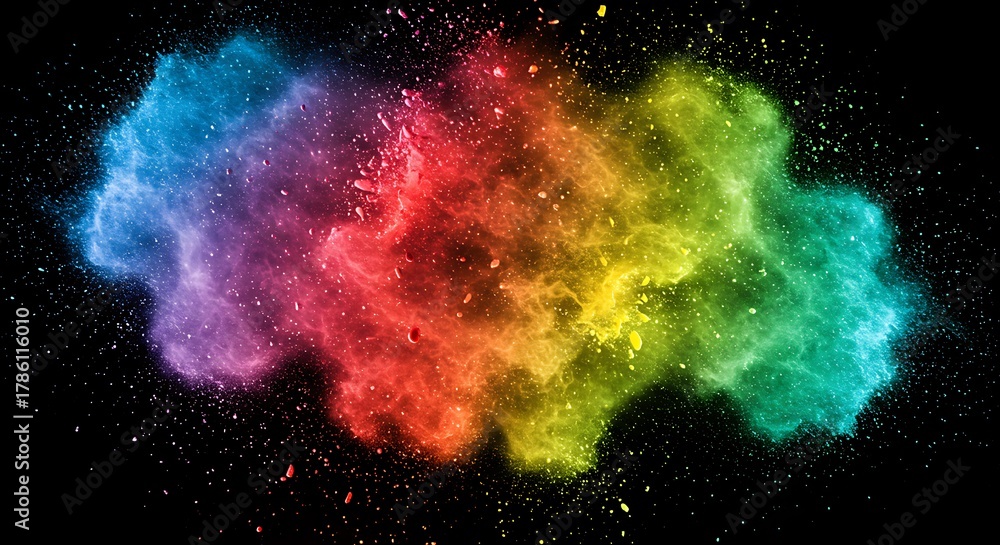 Naklejka premium A vibrant explosion of rainbowcolored powder against a stark black background, creating a dynamic and energetic visual effect