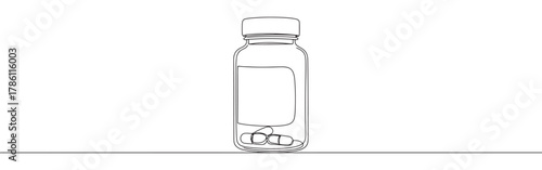 Continuous one line drawing of a pill bottle with pills inside. Concept of medicine, pharmacy and healthcare