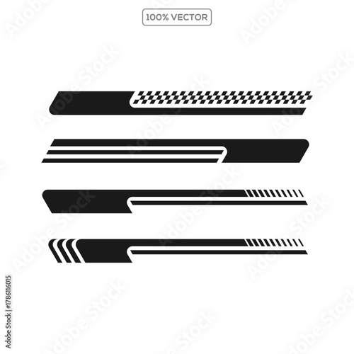 Racing cars and race car stripes set, angled checkered patterns, checkered flag, finish line, motocross illustration template