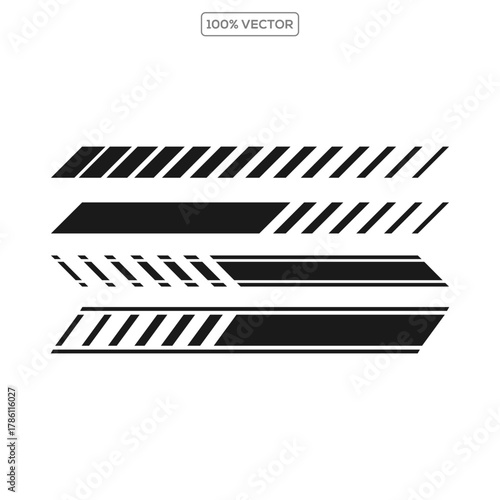 Racing cars and race car stripes set, angled checkered patterns, checkered flag, finish line, motocross illustration design