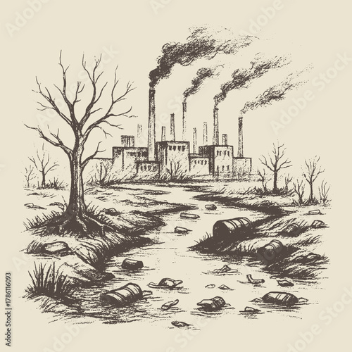 Detailed hand-drawn vector illustration of a polluted industrial landscape with smoke and dead trees, perfect for environmental posters or editorial designs.