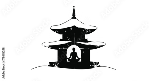 Serene silhouette meditating within a traditional pagoda structure