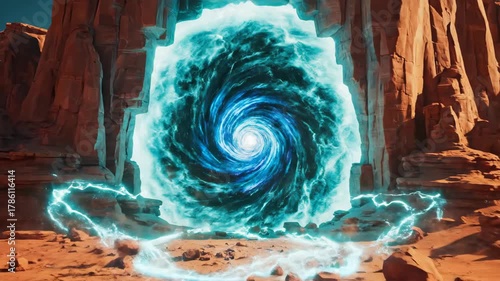 Glowing futuristic portal or energy orb in a vast, arid desert canyon landscape with red rock formations, science fiction scene.